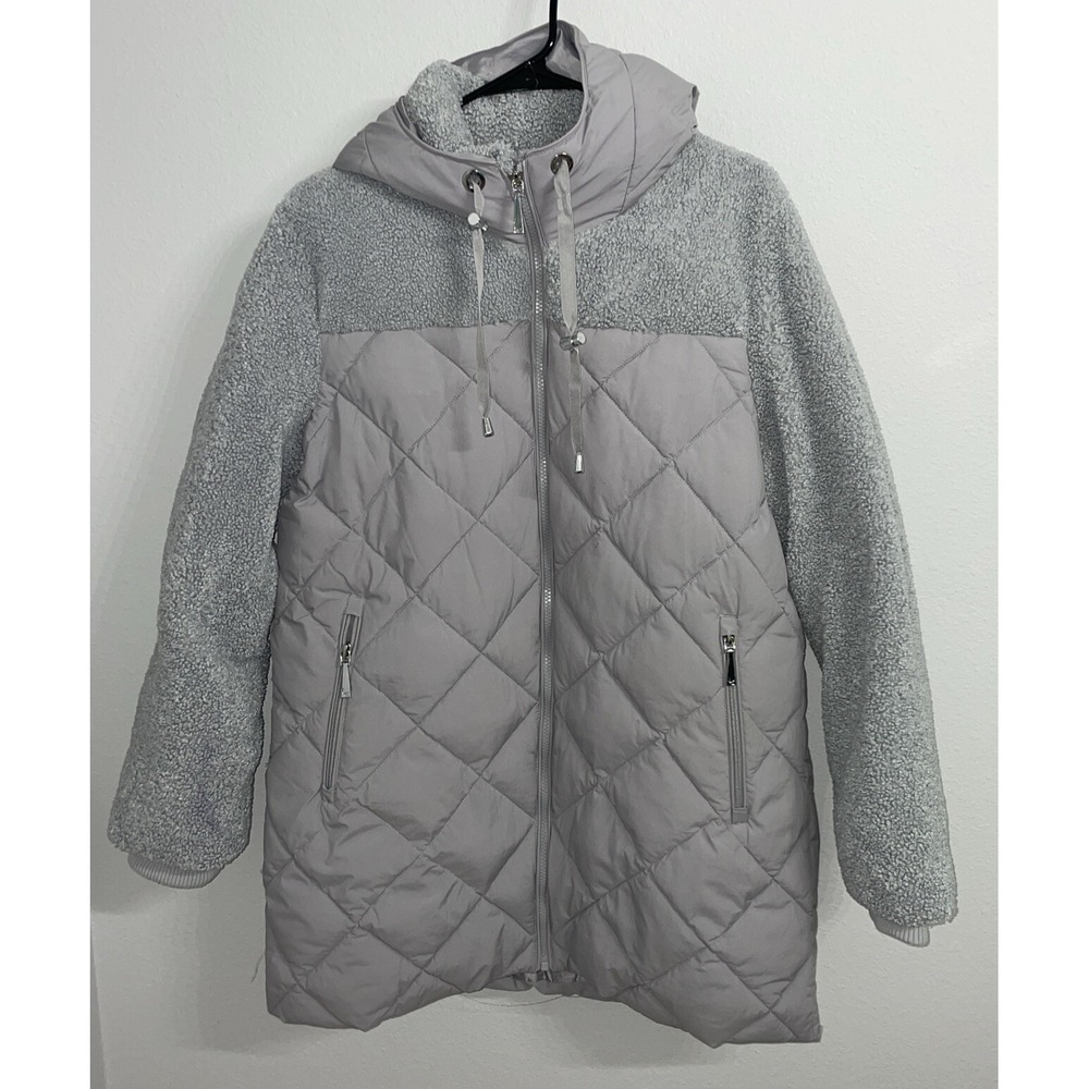 Koolaburra by Ugg Womens Medium Sherpa Trim Puffer Jacket Soft Gray‎ Blue